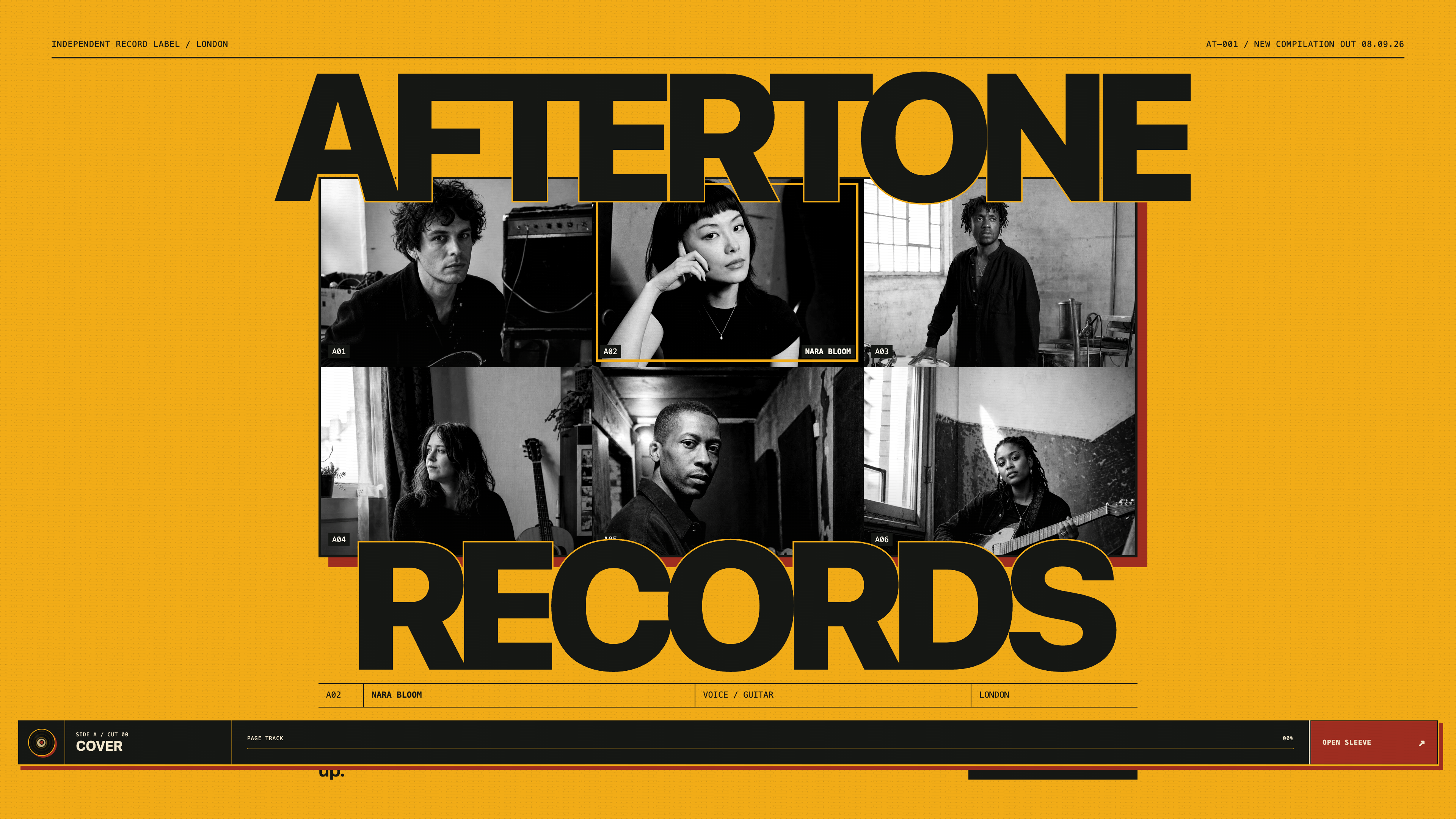 Aftertone record label Framer template with artist roster, releases, live dates, journal and merch shown across desktop and mobile