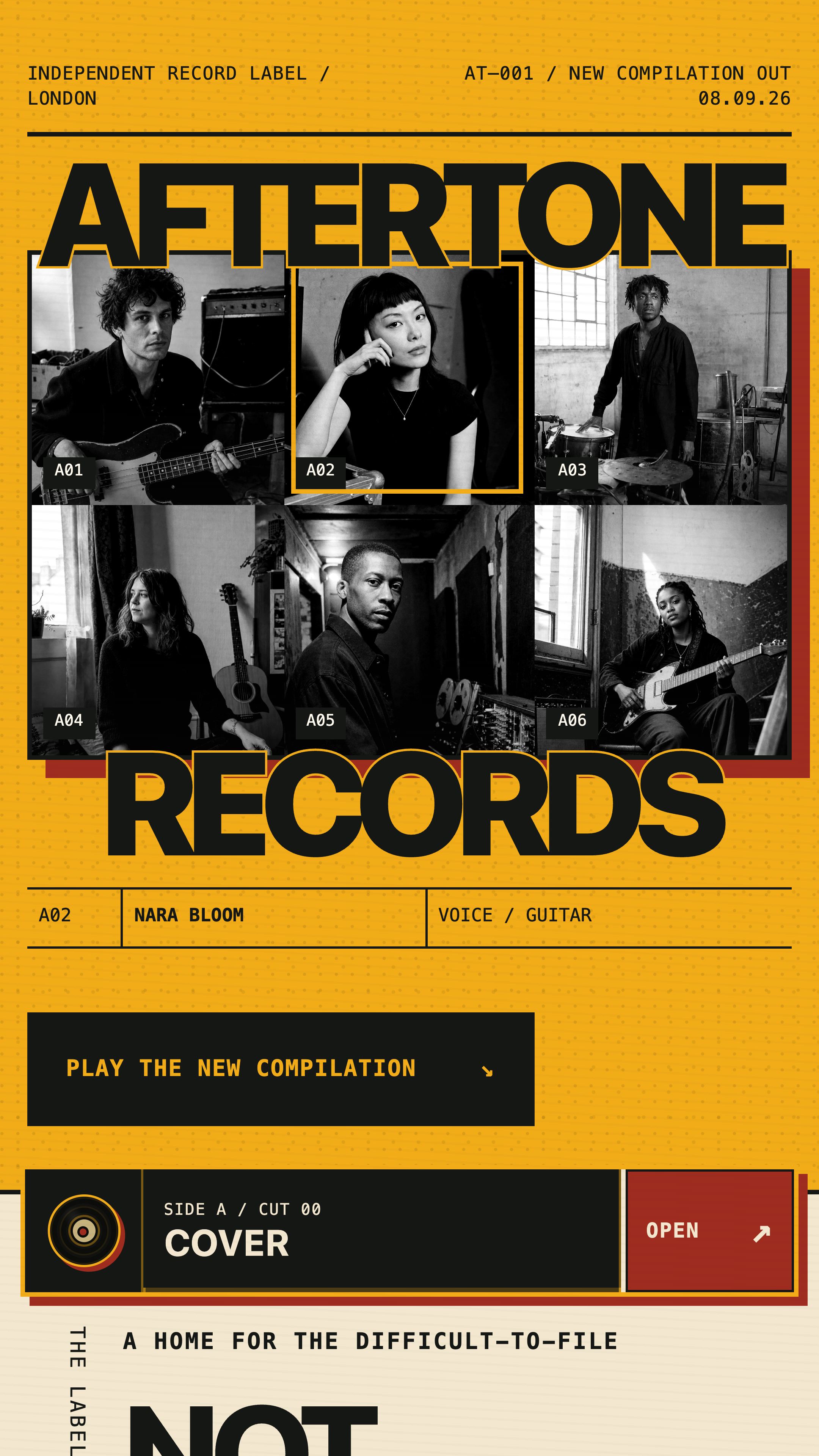 Responsive mobile view of the Aftertone artist and record label website template