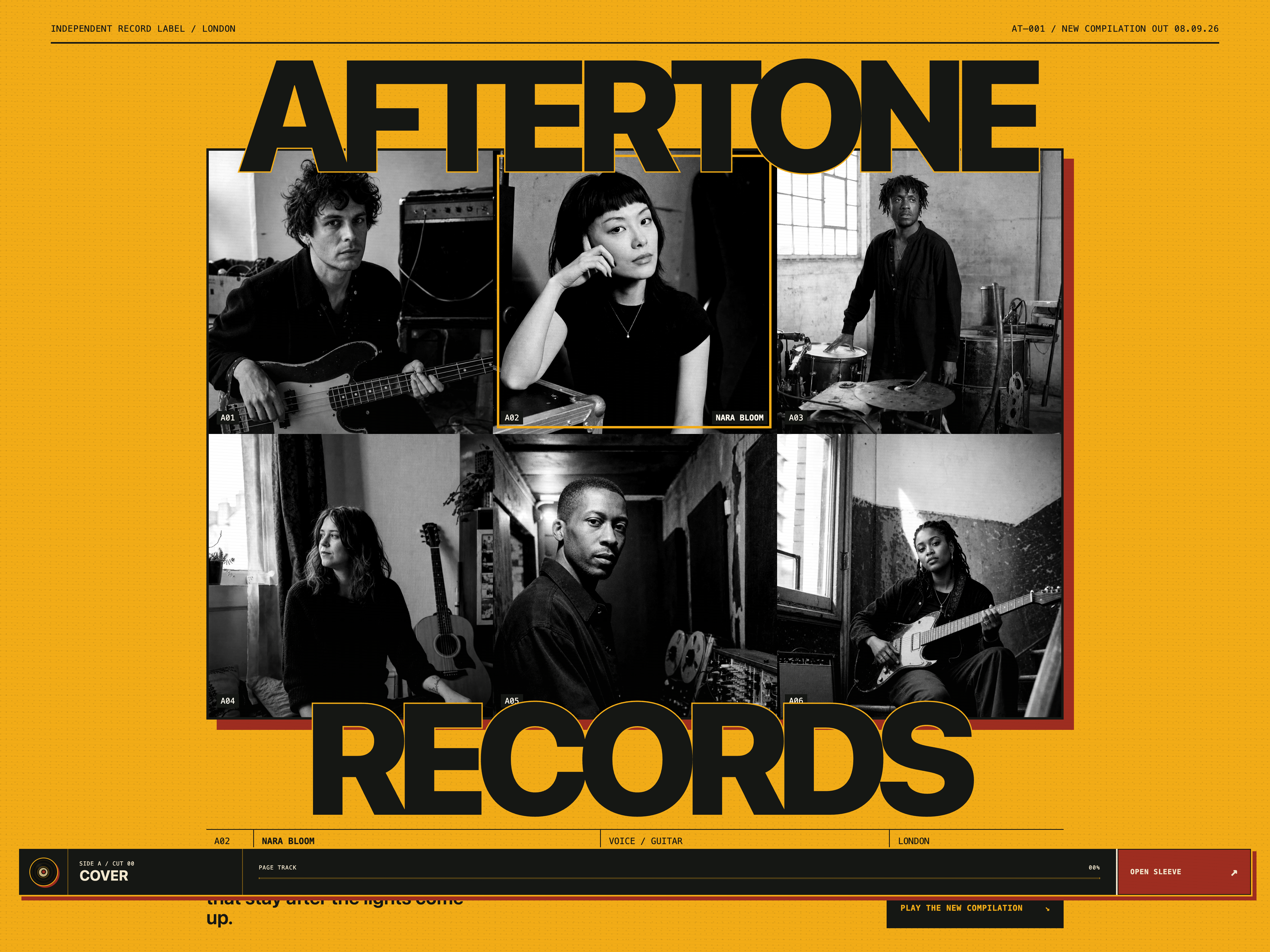 Aftertone record label Framer template with artist roster, releases, live dates, journal and merch shown across desktop and mobile