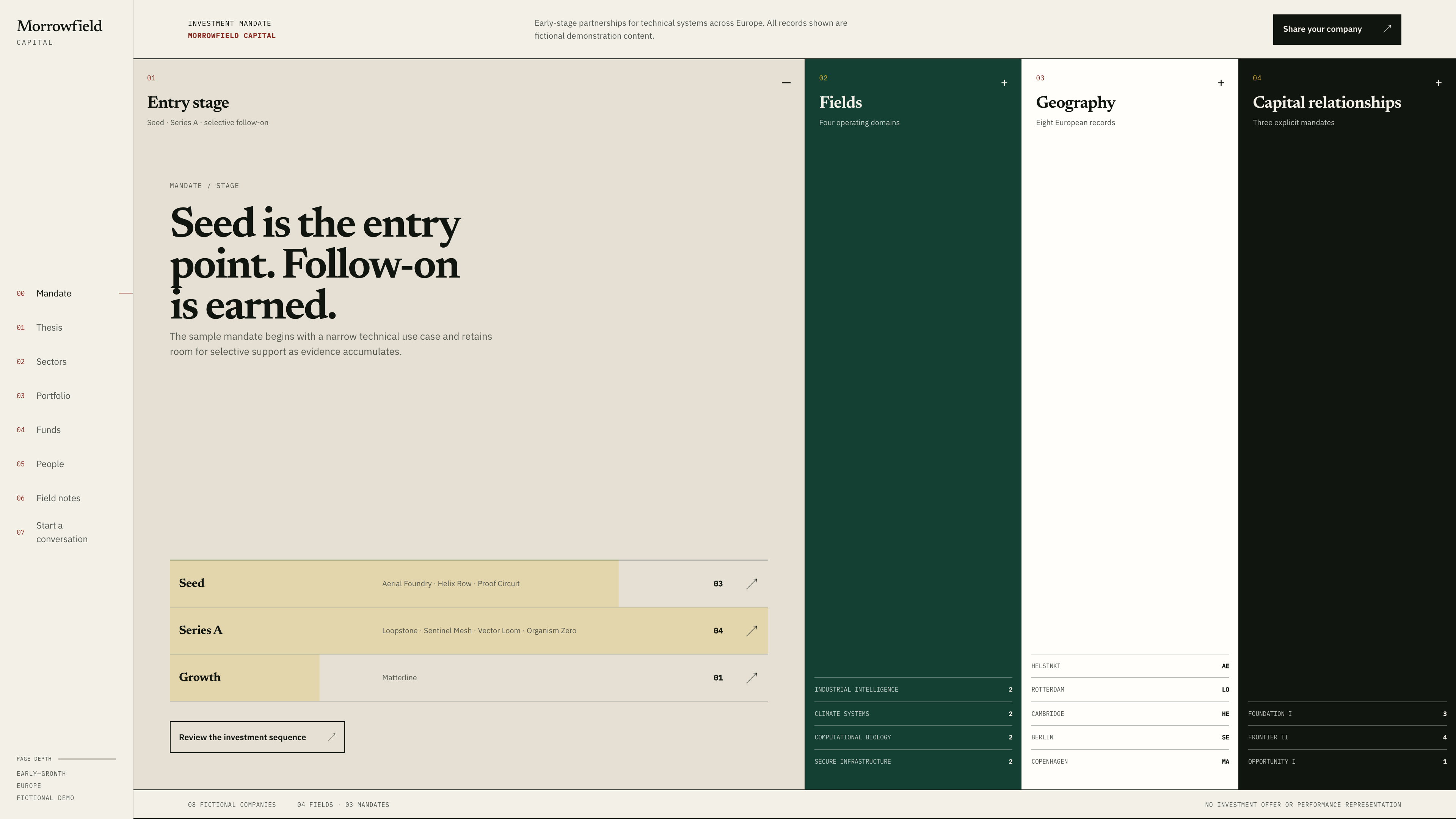 Morrowfield venture capital Framer template shown on desktop and mobile with native CMS and Decision Ledger sections