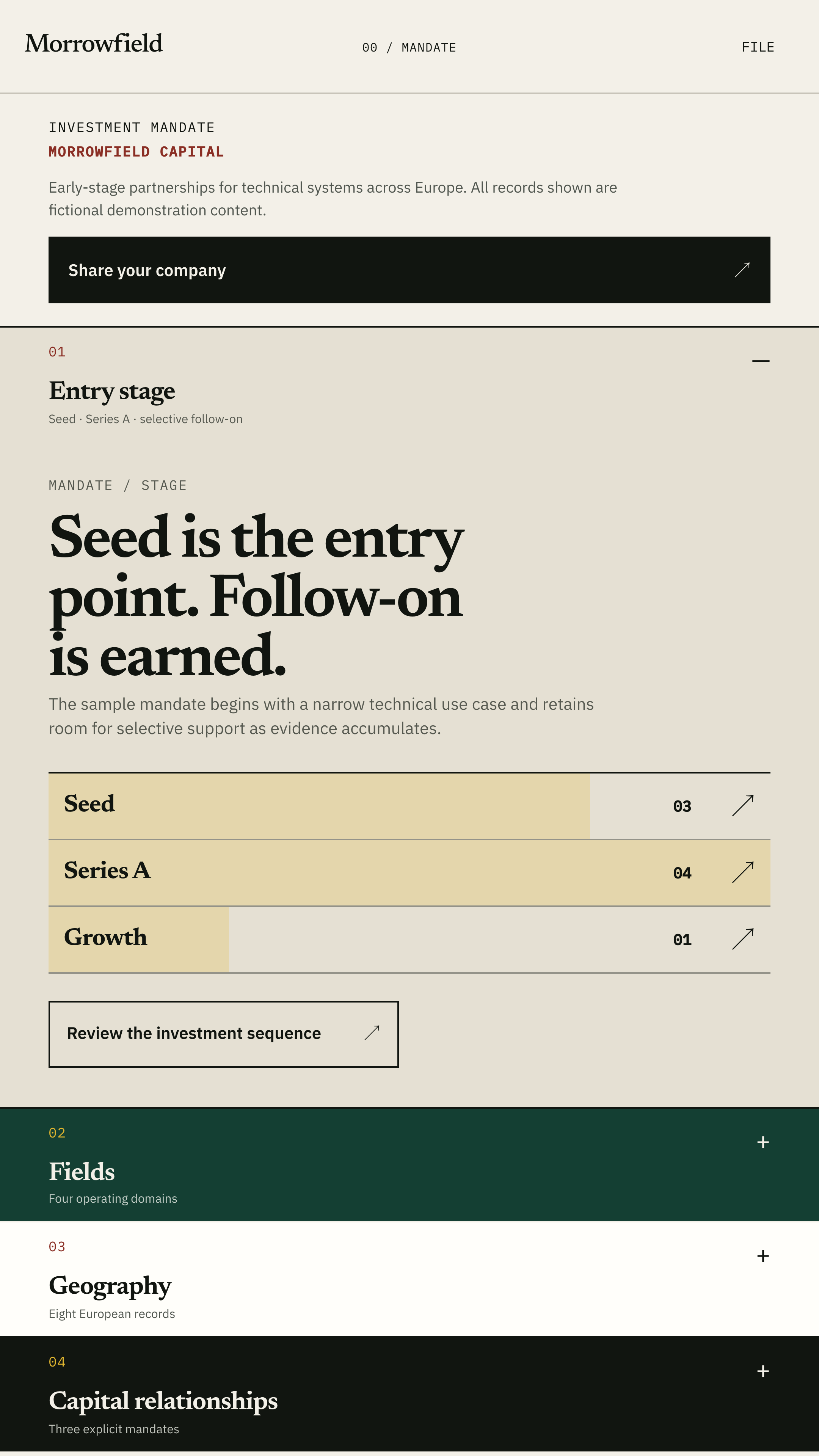Responsive mobile view of the Morrowfield venture capital website template