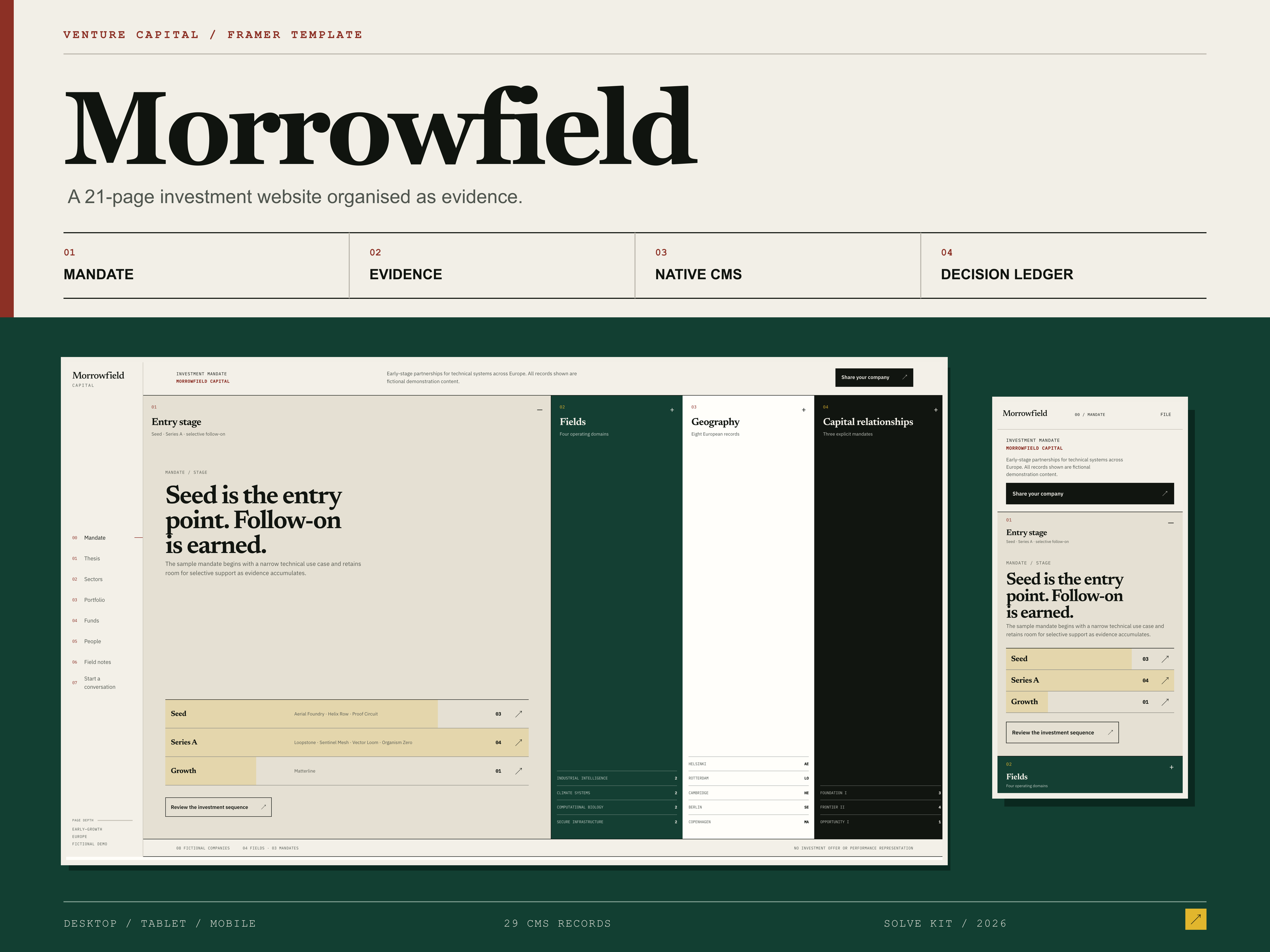 Morrowfield venture capital Framer template shown on desktop and mobile with native CMS and Decision Ledger sections